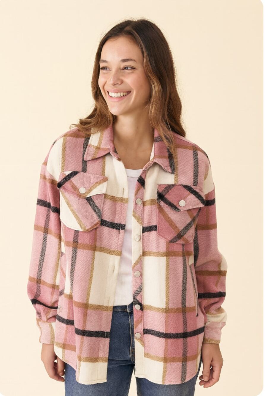 Womens Pink Lapel Plaid Wool Blend Coat Shirt Jacket Shacket XXL M Barn Flannel
